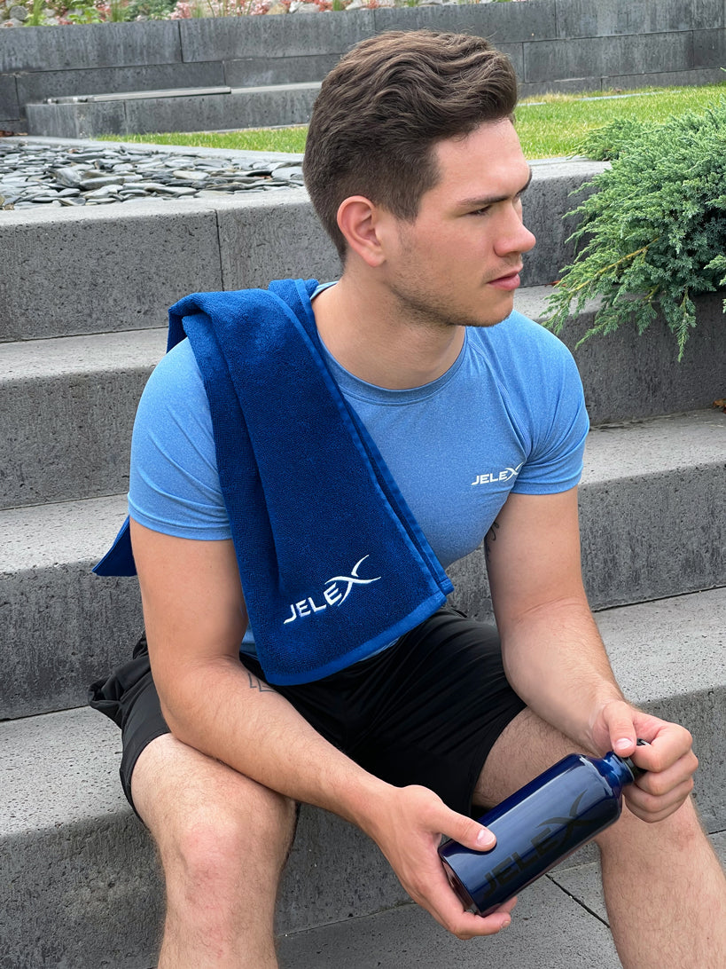 JELEX "100FIT" Toalla de fitness con bolsillo azul real